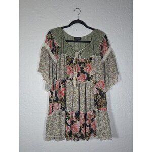 Gigio Women Floral Crochet Lace Trim Bell Half Sleeve V-Neck Tunic Top Large